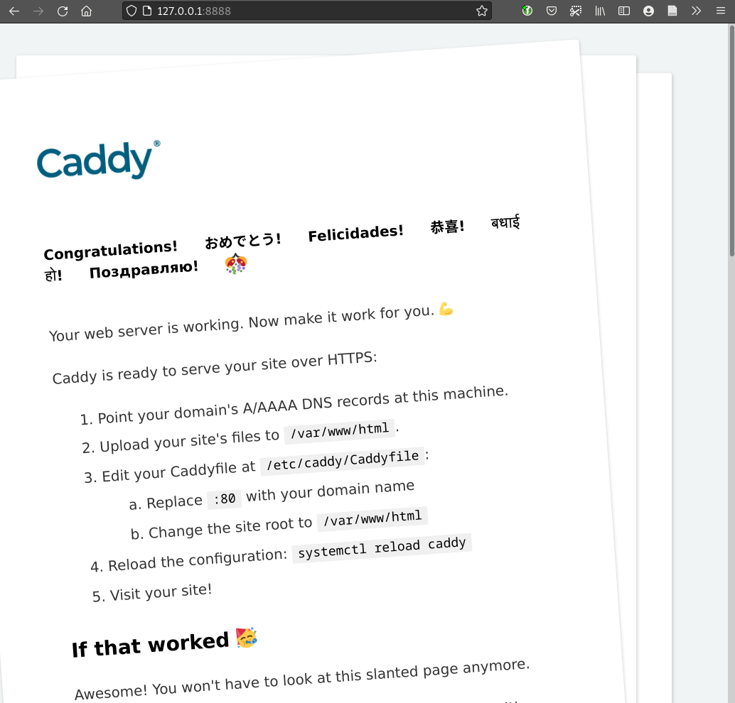 Caddy delivering its default html page